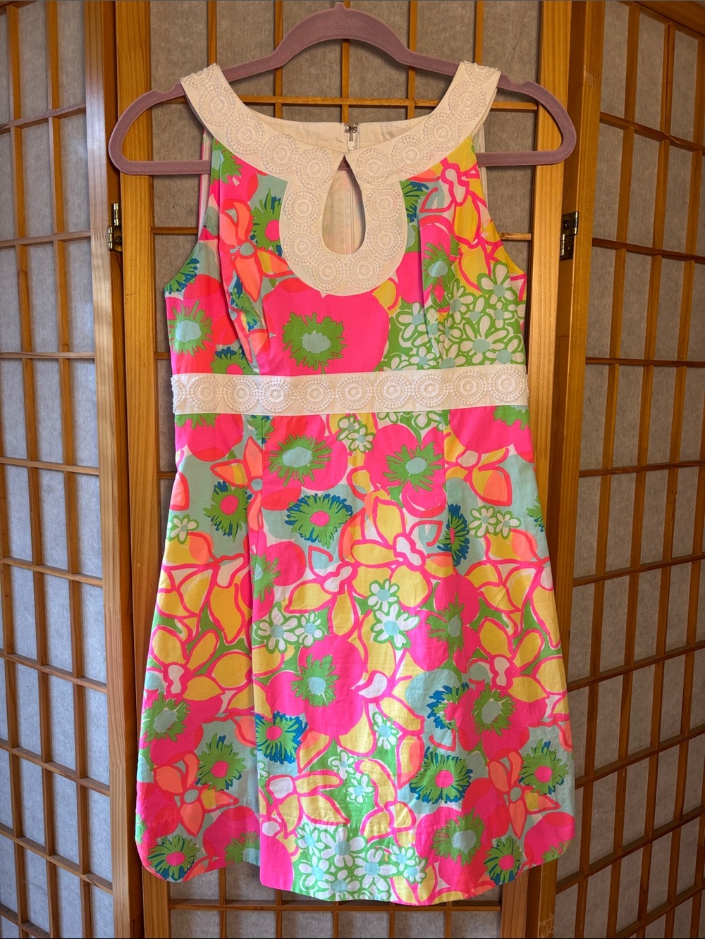 Lilly Pulitzer Pink Floral Sleeveless Midi Dress with Cream Trim